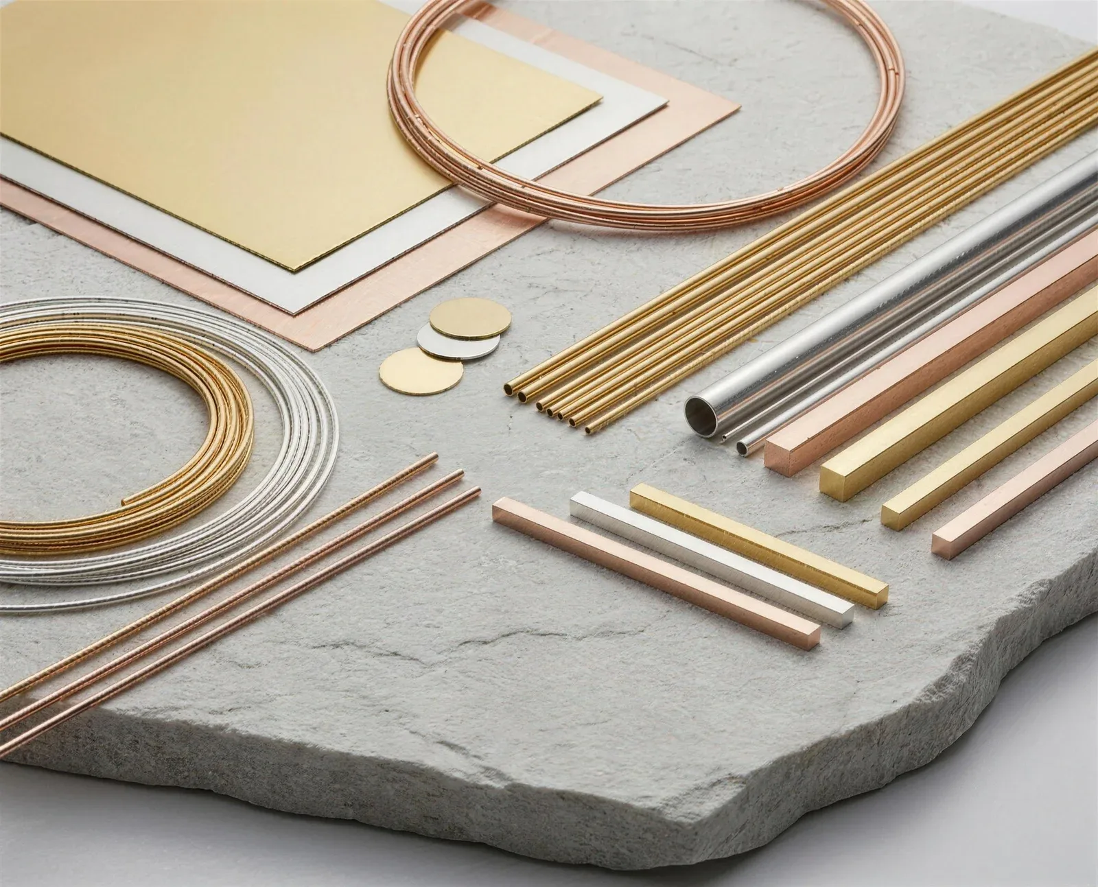Halbzeuge aus eigener Fertigung: Bleche, Drähte, Rohre und Profile in Gelbgold, Roségold und Silber